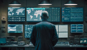 The central nerve center, a security officer monitoring the cent
