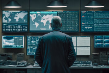 The central nerve center, a security officer monitoring the cent