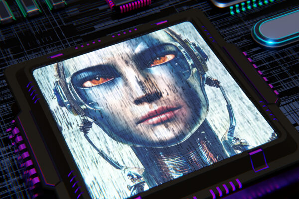 Ein Chat Bot Cyborg Gesicht auf einem Computerchip chatGPT