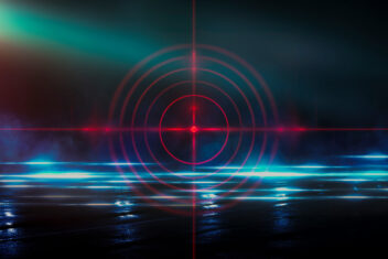 Futuristic abstract background Empty room background, concrete Neon red light smoke Laser lines, laser target in the center of the room