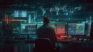 A security expert in front of multiple computer screens in a network operations centre near a server room Cybersecurity, Cyber awareness training Generative AI
