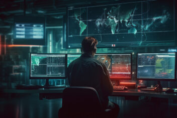 A security expert in front of multiple computer screens in a network operations centre near a server room Cybersecurity, Cyber awareness training Generative AI