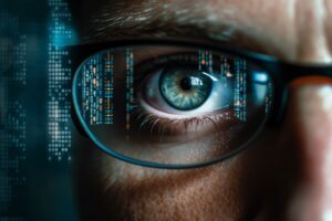 Close up of Eyes and Glasses with Tech Reflection, Cyber Securit