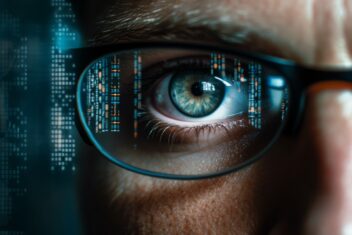 Close up of Eyes and Glasses with Tech Reflection, Cyber Securit