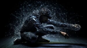Hacker with hoodie and cap, circled with particles, cyper security concept, protection in IT Generative AI