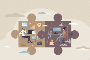 Hybrid work with part time job from home and office tiny person concept Scheduled workspace location for flexibility and efficiency vector illustration Productive distant workplace as jigsaw puzzle