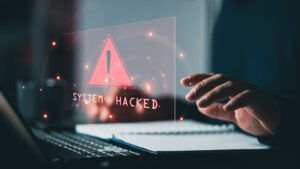 System hacked alert after cyber attack on computer network comp