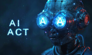 Futuristic cyber android representing advanced artificial intelligence with illuminated neural network graphics across face and text AI ACT suggesting regulation or legislation around AI technology