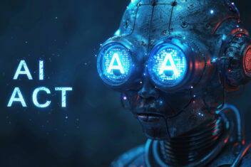 Futuristic cyber android representing advanced artificial intelligence with illuminated neural network graphics across face and text AI ACT suggesting regulation or legislation around AI technology