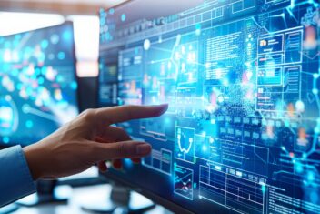 Digital transformation concept System engineering Binary code Programming a person touching a big screen in a bright office with floating icons around and charts to imagine digital transformation