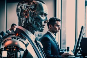 A business man working alongside an artificial intelligence cyborg in an office setting, depicting the future of work and the integration of AI in the workforce, generative ai