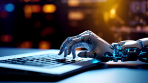 Robot hand typing on the computer The concept of artificial intelligence replacing a human in dealing with another human Ai generative