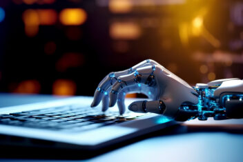 Robot hand typing on the computer The concept of artificial intelligence replacing a human in dealing with another human Ai generative