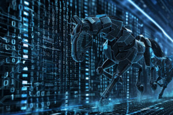 An encrypted digital vault being attacked by a swarm of trojan horses illustrating the relentless nature of cybercrime