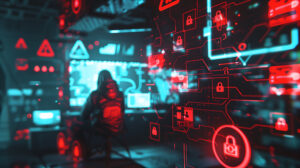 hacker in hoodie surrounded by holographic interfaces displaying red warning signs, lock icons, and circuit patterns in a high tech security cyber attack concept