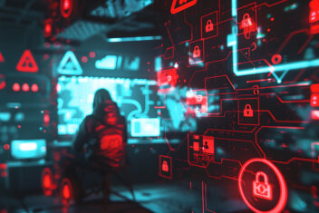 hacker in hoodie surrounded by holographic interfaces displaying red warning signs, lock icons, and circuit patterns in a high tech security cyber attack concept