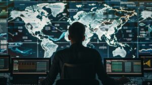 Man in front of his computer with the world map in the background on a BIG screen HACKERS CONCEPT, CYBERSECURITY