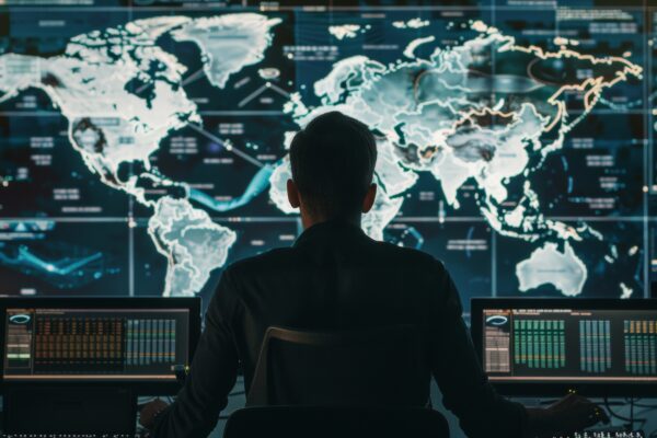 Man in front of his computer with the world map in the background on a BIG screen HACKERS CONCEPT, CYBERSECURITY