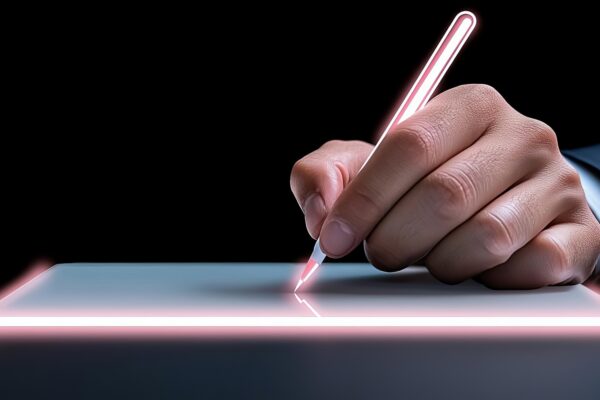 Person signing a loan payment agreement on a tablet with a futuristic digital interface, loan payment agreement, digital contract