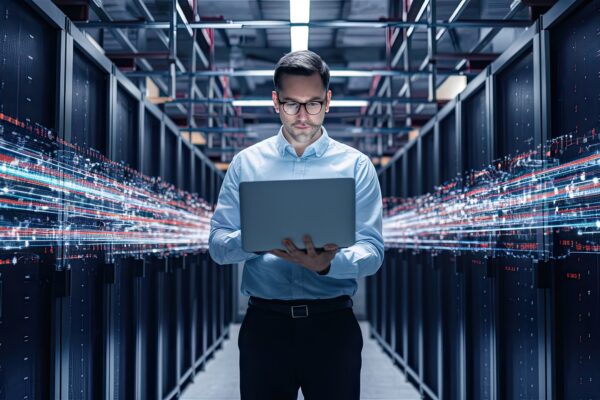 Data Center Chief Technology Officer Holding Laptop, Standing In Warehouse, Information Digitalization Lines Streaming Through Servers SAAS, Cloud Computing, Web Service