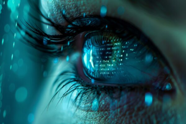 High tech close up of human eye with digital data reflection Futuristic and tech inspired visual Ideal for illustrating AI concepts and digital interfaces Generative AI