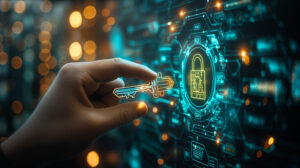 Digital Security Unlocked: A hand inserts a glowing key into a virtual lock, illuminating the concept of cybersecurity and data protection in a high tech world Generative ai illustration