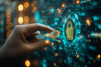 Digital Security Unlocked: A hand inserts a glowing key into a virtual lock, illuminating the concept of cybersecurity and data protection in a high tech world Generative ai illustration