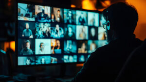 A person wearing headphones sits before a large monitor displaying numerous video feeds, likely involved in video editing, streaming, or remote collaboration