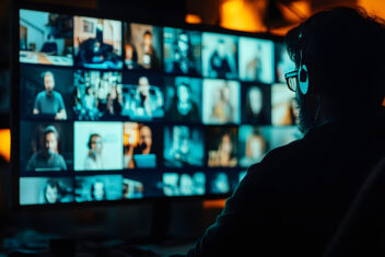 A person wearing headphones sits before a large monitor displaying numerous video feeds, likely involved in video editing, streaming, or remote collaboration