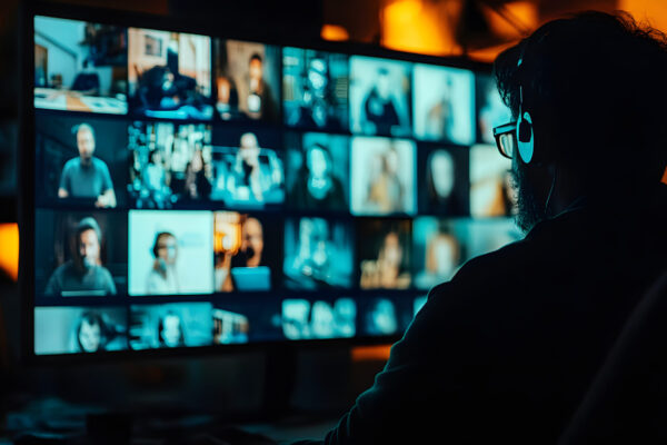 A person wearing headphones sits before a large monitor displaying numerous video feeds, likely involved in video editing, streaming, or remote collaboration