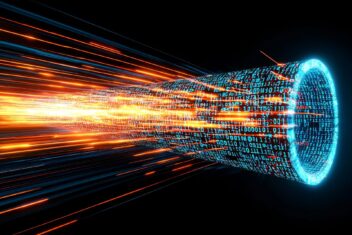 Anti Money Laundering AML concept Futuristic tunnel of light and data streaming forward