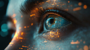 Close up of a woman's profile with digital data overlay on her face Futuristic, technology, and AI concepts merging human and digital elements