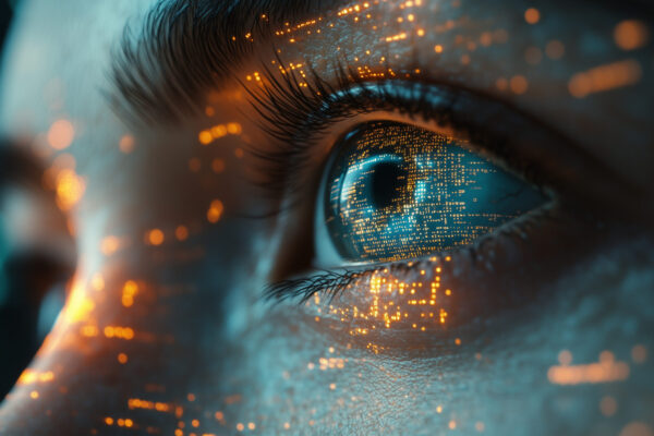 Close up of a woman's profile with digital data overlay on her face Futuristic, technology, and AI concepts merging human and digital elements