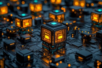 Empowering through technology futuristic circuit board with glowing quantum computing hubs, showcasing intricate designs and vibrant colors scene evokes sense of advanced technology and innovation