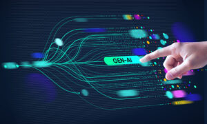 A hand showing technology, generative AI, gen AI, artificial intelligence, cyber security, digital transformation, finance, large language model, LLM