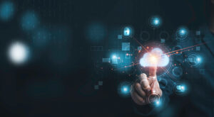 Hand touching infographic cloud computing and technology icons ,