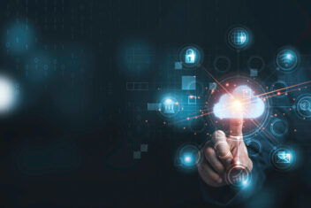 Hand touching infographic cloud computing and technology icons ,