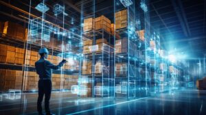 Future virtual reality technology for innovative VR warehouse management Concept of smart technology for industrial revolution and automated logistic control
