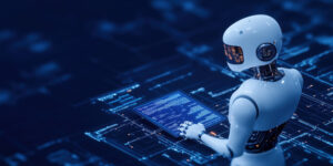 Autonomous robot interacting with digital interface and glowing pathways