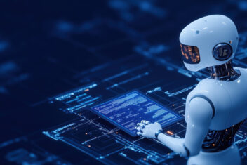 Autonomous robot interacting with digital interface and glowing pathways