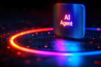 An AI agent hologram symbolizing agentic autonomy for collaboration with the human workforce using autonomous agents to work in business partnership using teamwork