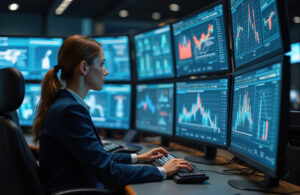 Female engineer analyzes complex data on multiple computer screens in high tech control room Specialist works, monitoring operation artificial intelligence, facility logistic, server monitor in