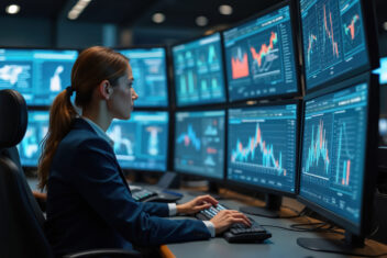 Female engineer analyzes complex data on multiple computer screens in high tech control room Specialist works, monitoring operation artificial intelligence, facility logistic, server monitor in