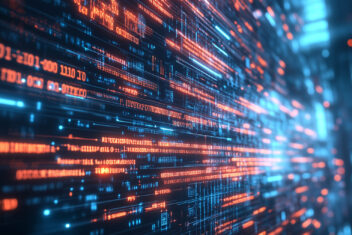 Cyber warfare attack in progress with glowing data streams in a digital landscape at nighttime