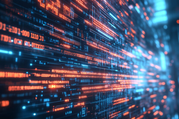 Cyber warfare attack in progress with glowing data streams in a digital landscape at nighttime