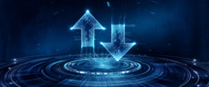 Glowing blue arrows, circuit board design, on dark blue circular platform, symbolizing data transfer, technology, digital flow, futuristic concept, ideal for tech websites or presentations