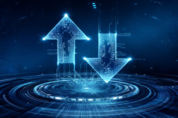 Glowing blue arrows, circuit board design, on dark blue circular platform, symbolizing data transfer, technology, digital flow, futuristic concept, ideal for tech websites or presentations