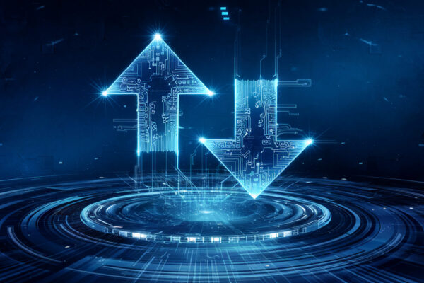 Glowing blue arrows, circuit board design, on dark blue circular platform, symbolizing data transfer, technology, digital flow, futuristic concept, ideal for tech websites or presentations