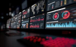 High tech security operations dashboard displaying potential intrusion alerts with automated response protocols activating, designed for advanced threat monitoring and cybersecurity defense
