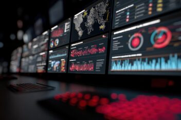 High tech security operations dashboard displaying potential intrusion alerts with automated response protocols activating, designed for advanced threat monitoring and cybersecurity defense